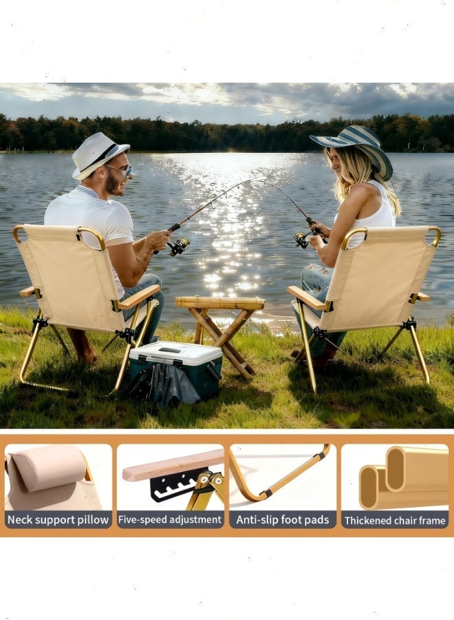 يواوليتي كرسي تخييم، كراسي شاطئ، كراسي شرفة قابلة للطي للاستخدام في الهواء الطلق، كراسي استلقاء للتشمس، كرسي استلقاء منخفض للنزهات، إكسسوارات التخييم (بيج) - Image 2